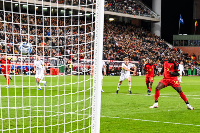 Romelu Lukaku pictured (right) converting a penalty kick to score for Belgium against Sweden in October 2023